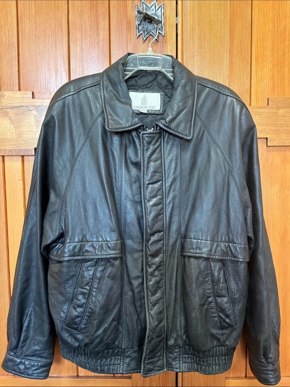 London Fog Black Leather Bomber Jacket with Flap Pockets